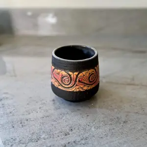 Charcoal Cup with Orange and Red Carving