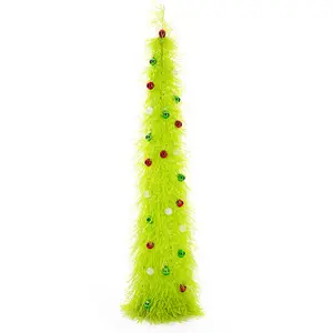 Hairy Pop-Up Pencil Tinsel Christmas Tree 5ft/6ft with Led Lights and Balls Ornaments for Xmas Holiday Party Decorations Home Office Display Fruit Green/Silver/Pink