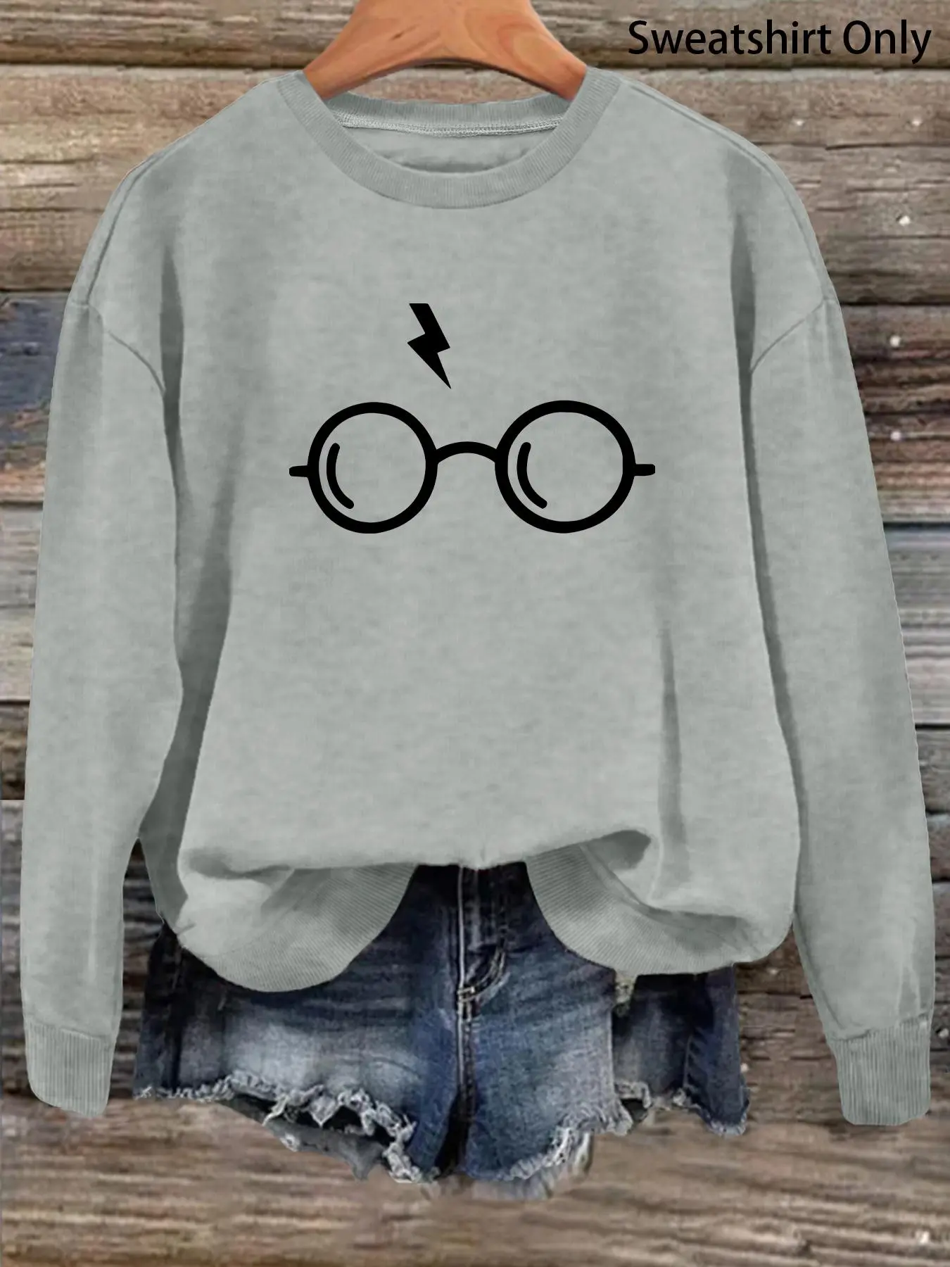 Women's Lightning Glasses Print Round Neck Sweatshirt, Casual Fashion Drop Shoulder Long Sleeve Pullover for Daily Wear, Ladies Fall & Winter Clothes