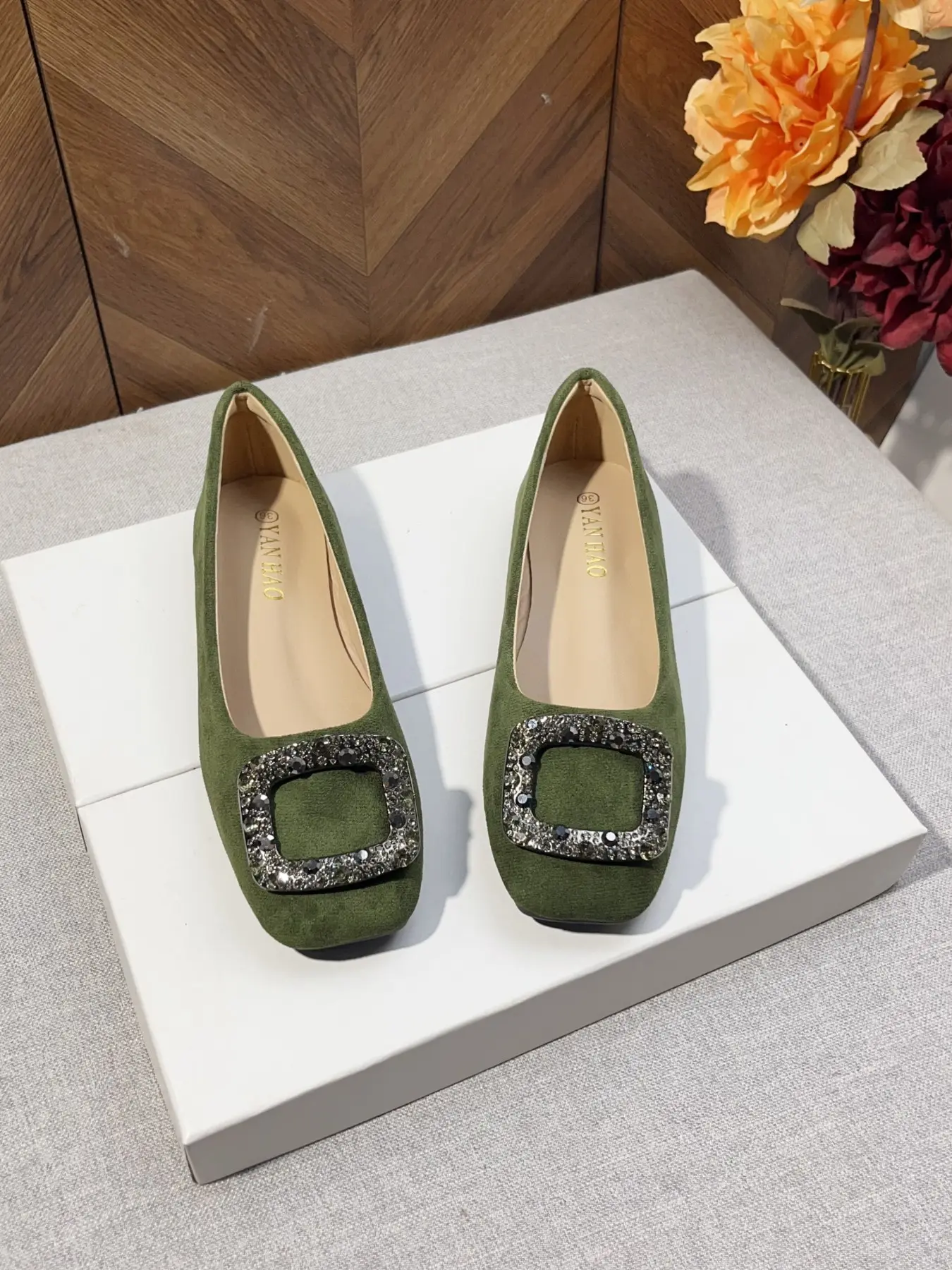 Women's Square Toe ballerina flats, Vintage Olive Velvet with Sparkly Rhinestones, Comfortable All-Season Dress Shoes Footwear