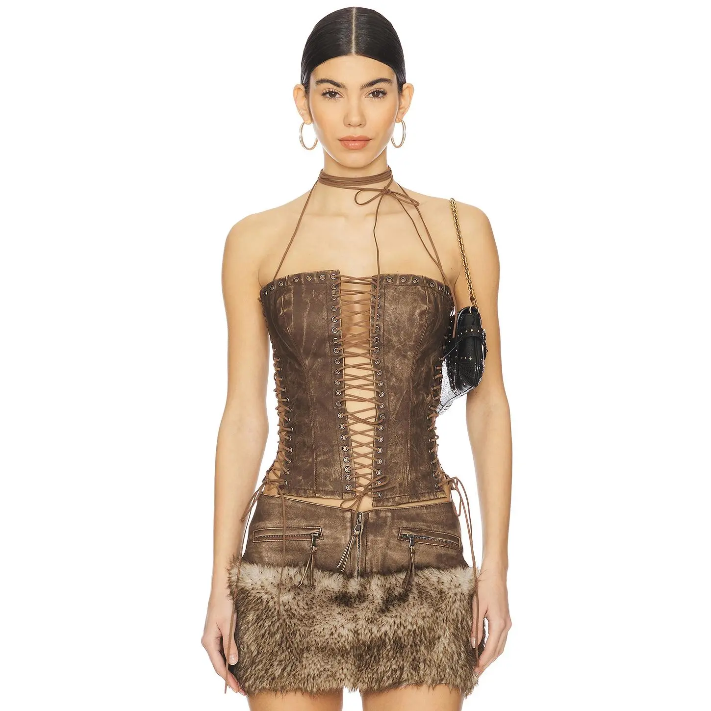 Jaded London Odile Faux Suede Lace Up Corset in Brown