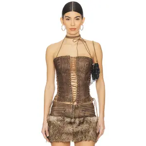 Jaded London Odile Faux Suede Lace Up Corset in Brown