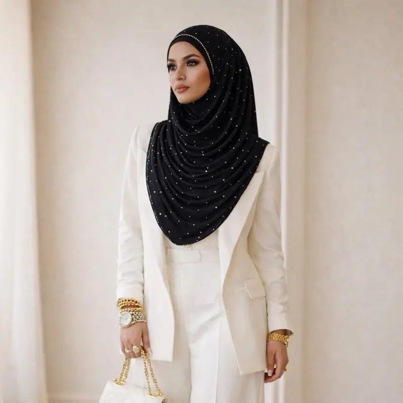 Dubai Luxury Rhinestone Hijab | Premium Jersey Muslim Head Scarf | Soft Stretch Hijab for Eid, Wedding & Everyday Wear