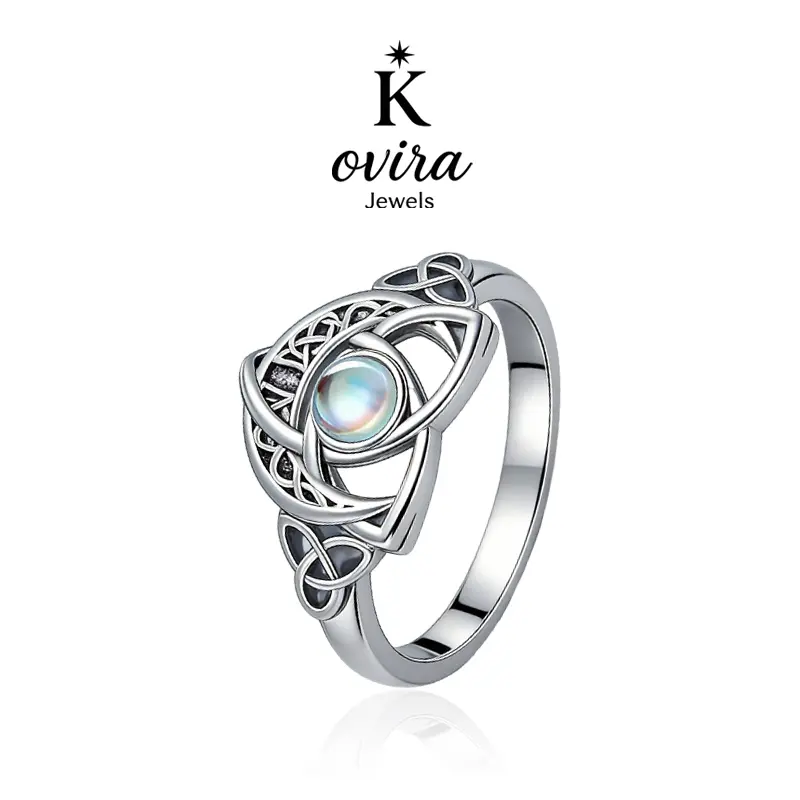 Kovira S925 Sterling Silver Simulated Moonstone Celtic Knot Ring for Women, Casual Daily Protection Jewelry, Antique Rings