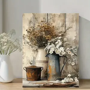 A Farmhouse Style Canvas Wall Art, Wooden Wall Art - Antique Floral Painting with Cream Yellow Wood Grain, White Jasmine Flowers and Antique Kettle - Home Decoration, Suitable for Living Room, Kitchen - Ready-to-Hang Framed Canvas Print - Perfect New Hom