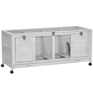 Wooden Rabbit Hutch Bunny Cage with Wheels Dividers Openable Roof Removable Trays Small Animal Cages for Rabbits Indoor Outdoor Use Light Gray