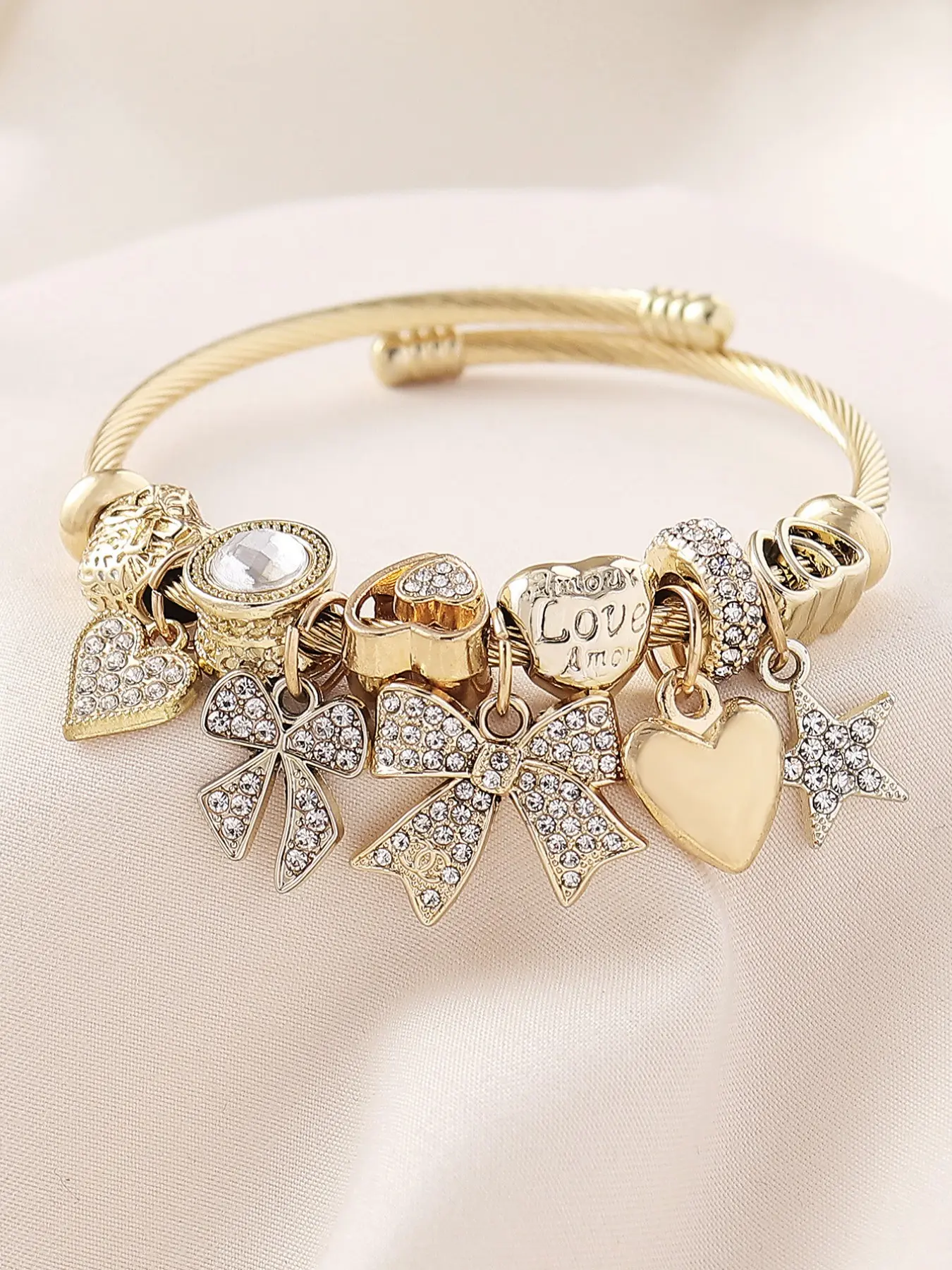 Elegant Women's Stainless Steel Open Bangle Bracelet, Handmade Beaded Rhinestone Butterfly Star Heart Pendant, Perfect Gift for Parties