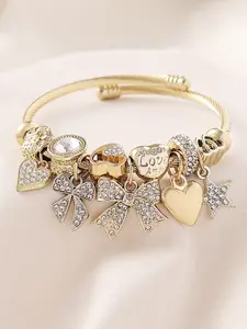 Elegant Women's Stainless Steel Open Bangle Bracelet, Handmade Beaded Rhinestone Butterfly Star Heart Pendant, Perfect Gift for Parties