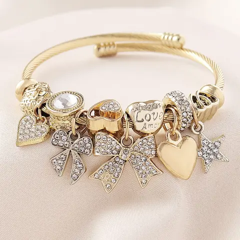 Elegant Women's Stainless Steel Open Bangle Bracelet, Handmade Beaded Rhinestone Butterfly Star Heart Pendant, Exquisite Bracelet, Perfect Gift for Parties