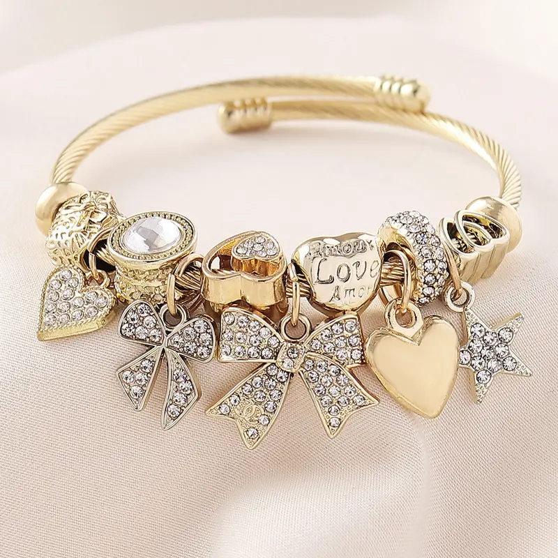 Elegant Women's Stainless Steel Open Bangle Bracelet, Handmade Beaded Rhinestone Butterfly Star Heart Pendant, Exquisite Bracelet, Perfect Gift for Parties