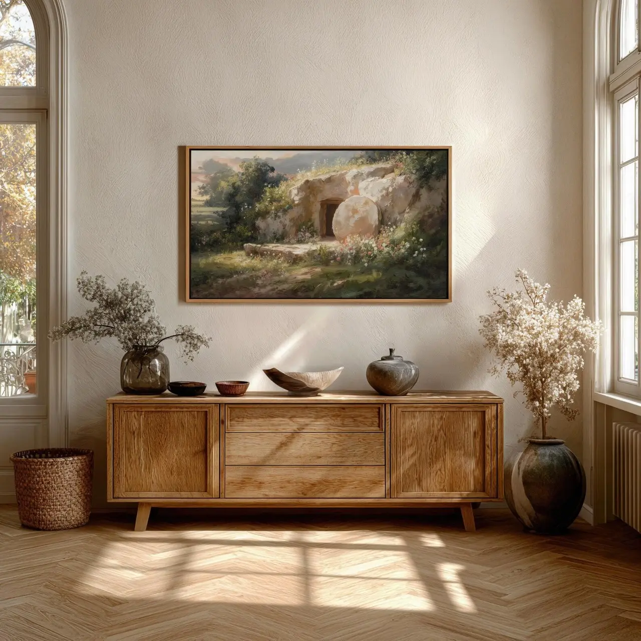 Empty Tomb Easter Poster | He Is Risen Christian Wall Art | Jesus Resurrection Painting | Spring Floral Home Decor | Poster No Frame