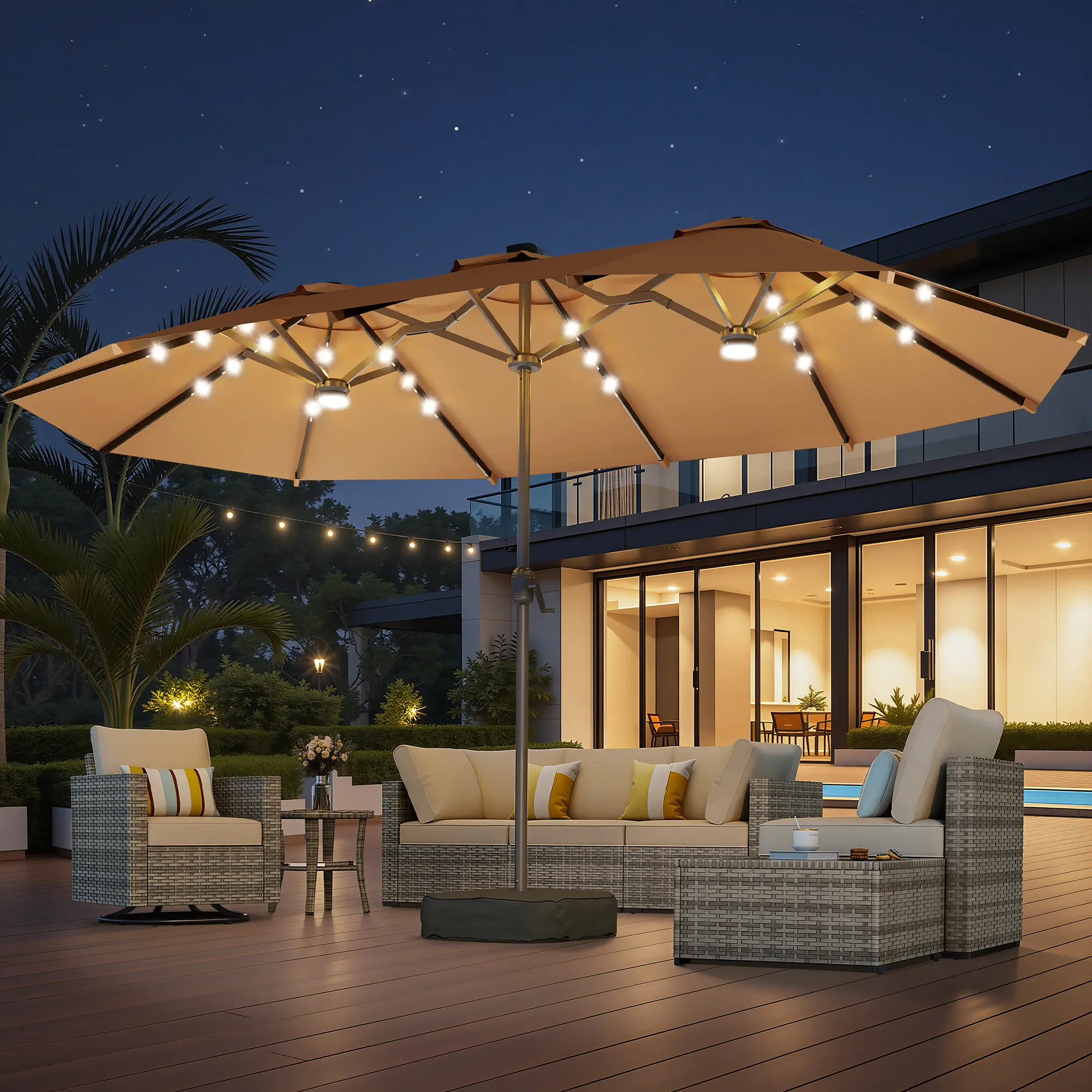 Khaki | Lighted Umbrella with Base