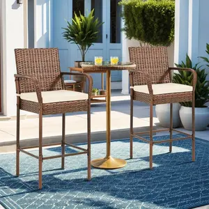 Set of 2 Outdoor Patio Wicker Bar Stools, PE Rattan Bar Chairs with Removable Cushions, Ergonomic Armrests and Backrest, All-Weather Bar Stools for Patio, Backyard, Poolside, Brown/Grey