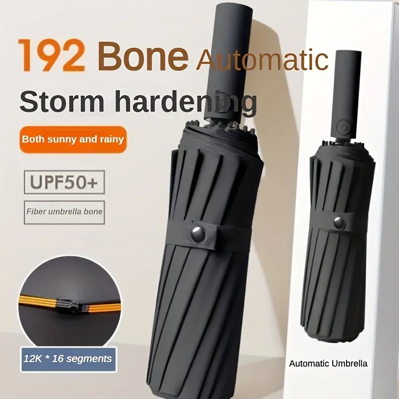 192 Bone Fully Automatic Umbrella Large Size Umbrella Men'S Black Business Umbrella Extra Large Windproof Sunshade Umbrella Dual-Use Sun Umbrella [Gift Box Not Included]
