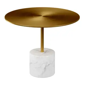 360 Stand Mid-Century 17 in. Round Top Steel & Marble Coffee Table - Pedestal Base, White & Gold Finish, Marble Block Accent (Model 520856)