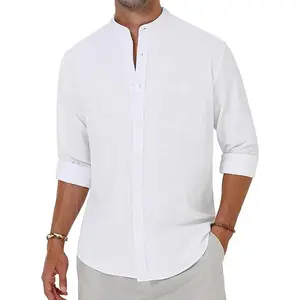 Men's Cotton Linen Shirts Long Sleeve Button Down Shirt Band Collar Beach Shirts