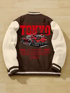 TikMen Racing Style Digital Letter Print Tokyo Baseball Jacket, Casual Loose-Fitting Streetwear, Men's & Women's Sportswear Colorblock Coat