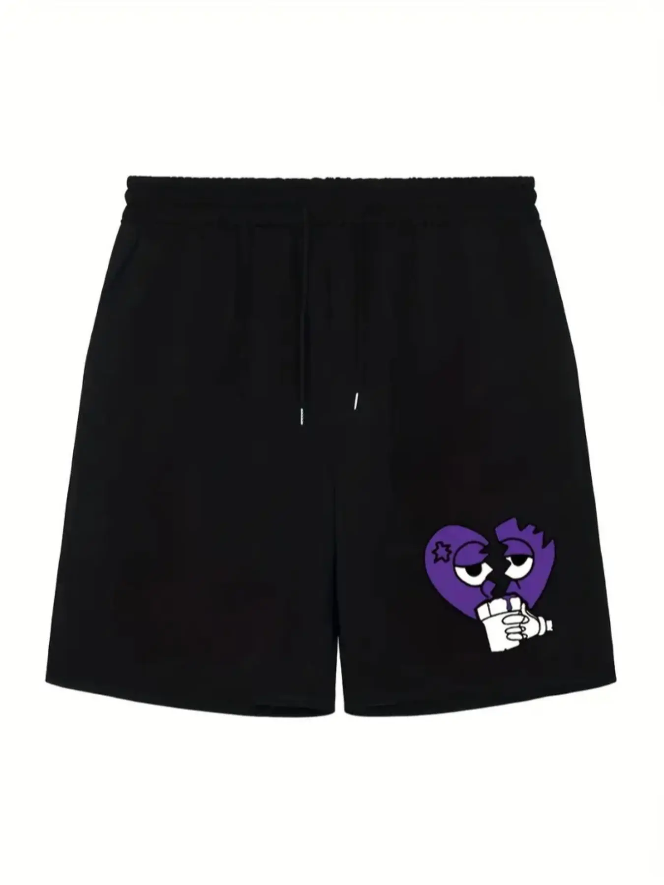 Men's Regular Fit Cartoon Heart Print Drawstring Waist Shorts, Casual Elastic Waist Sports Track Shorts for Daily Outdoor Wear, Men's Bottoms for Summer, Casual Athleisure Shorts, Trendy Short, Cartoon Graphic Shorts