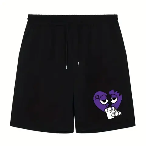 Men's Regular Fit Cartoon Heart Print Drawstring Waist Shorts, Casual Elastic Waist Sports Track Shorts for Daily Outdoor Wear, Men's Bottoms for Summer, Casual Athleisure Shorts, Trendy Short, Cartoon Graphic Shorts