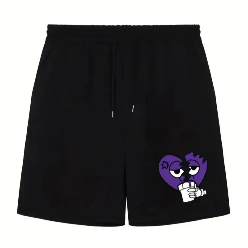 Men's Regular Fit Cartoon Heart Print Drawstring Waist Shorts, Casual Elastic Waist Sports Track Shorts for Daily Outdoor Wear, Men's Bottoms for Summer, Casual Athleisure Shorts, Trendy Short, Cartoon Graphic Shorts