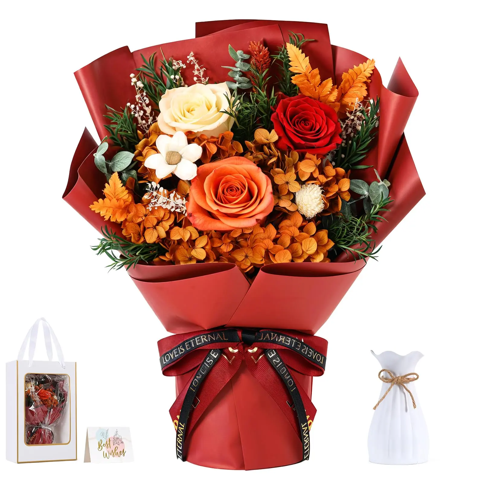 【Mother's Day Eternal Love】Preserved Orange Rose Bouquet Gift Set - 100% Real Long-Lasting Flowers with Vase, 3 Roses + Accents, Hibiscus Accents, Color Stays Vivid, Floral Decor for Mom, Home Decor Item