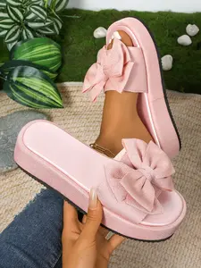 Women's Solid Color Bow Flatform Sandals, Summer Outdoor Casual Beach Slippers, Elegant Fashion Daily Wear, Textile Upper, Eva Sole