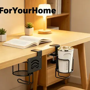 1pc Desk Cup Holder, Clip On/ Clamp On Table Cup Holder, Anti-Spill Non Slip Adjustable Drink Holder, Heavy Duty Design, for Office, School, Dorm,, Lawn Chair Use, School Desk Accessory, Dorm Essentials, Nonslip Grip, Clip On Design, Rustresistant