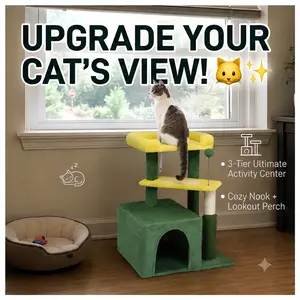 2026 Top-Rated,27.5in Multi-level Cat Tree with Scratching Post, Scratching Pad, Cozy Condo and Padded Top Bed for Indoor Kittens & Cats, Yellow & Green