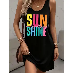 Tank Dress with 'SUN SHIN' Print, Suitable for Casual Wear, Adaptable, Soft, And Comfy, Featuring a Pocket Design