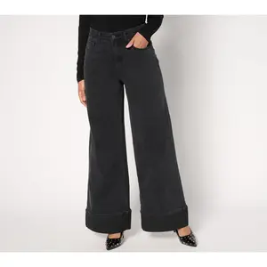 Me by Jennie Garth Petite Washed Black Cuffed Wide Leg Jeans