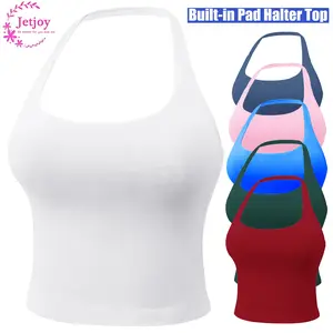 Jetjoy Women's Halter Longline Sports Bra with Removable Pad Ribbed Seamless Square Neck Workout Crop Tank Top for Yoga & Fitness Halter Tank Top Longline Backless Scoop Neck Built-in Bra Sports Gym Crop Top SpringStatements