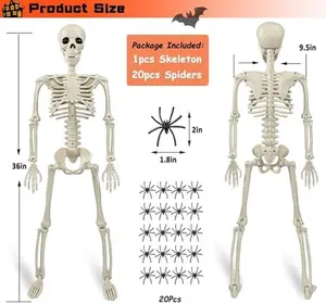 36" Skeleton Halloween Decorations, 3ft Life Size Human Skeleton with Full Body Movable Posable Joints Skeleton, Halloween Skeletons with 20 Spiders for Yard Haunted House Props Indoor Outdoor Decor