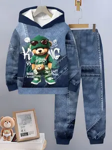Boys' Spring & Fall King Bear Hooded Set, Denim Patchwork Printed Jogger Pants Two-Piece, Casual Fitted Sweatshirt Jumper