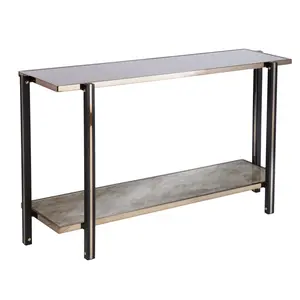 HomeRoots 402377 50 in. Smoky Black & Champagne Glass Mirrored Floor Shelf Console Table with Storage