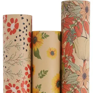 Kraft Floral Wrapping Paper Bundle, Vintage Spring Flowers Rose Gift Wrap Paper for Wedding Bridal Shower Birthday, 3 Rolls 17 in x 10 ft per Roll