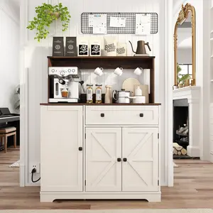 PieDle 39" Rustic Coffee Bar Cabinet with Drawer, Charging Station & Adjustable Shelves, Kitchen Hutch Sideboard for Dining Room Storage