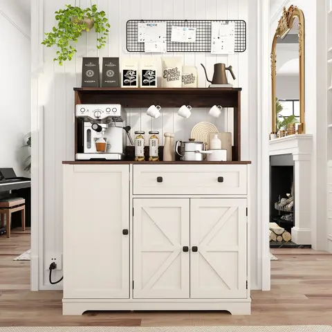 PieDle 39" Rustic Coffee Bar Cabinet with Drawer, Charging Station & Adjustable Shelves, Kitchen Hutch Sideboard for Dining Room Storage