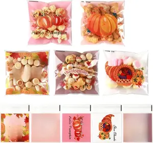Fall Thanksgiving Cellophane Treat Bags, 100 Pcs Self Adhesive Thanksgiving Gift Cookie Bags, Plastic Pumpkin Candy Snack Goodie Ziplock Bag Bulk for Fall Thanksgivings Autumn Party Favors Supplies
