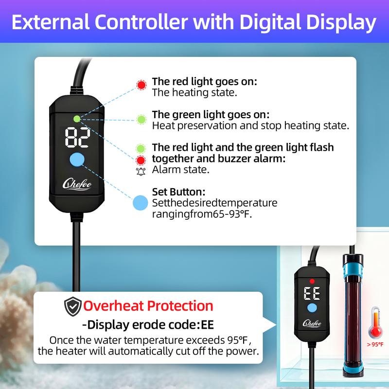 Chefoo 100W-200W Submersible Aquarium Heater Adjustable Fish Tank Heater with Digital Display External Controller Overheat Protection & Free Thermometer for 10-30 Gallons Freshwater Saltwater Tank