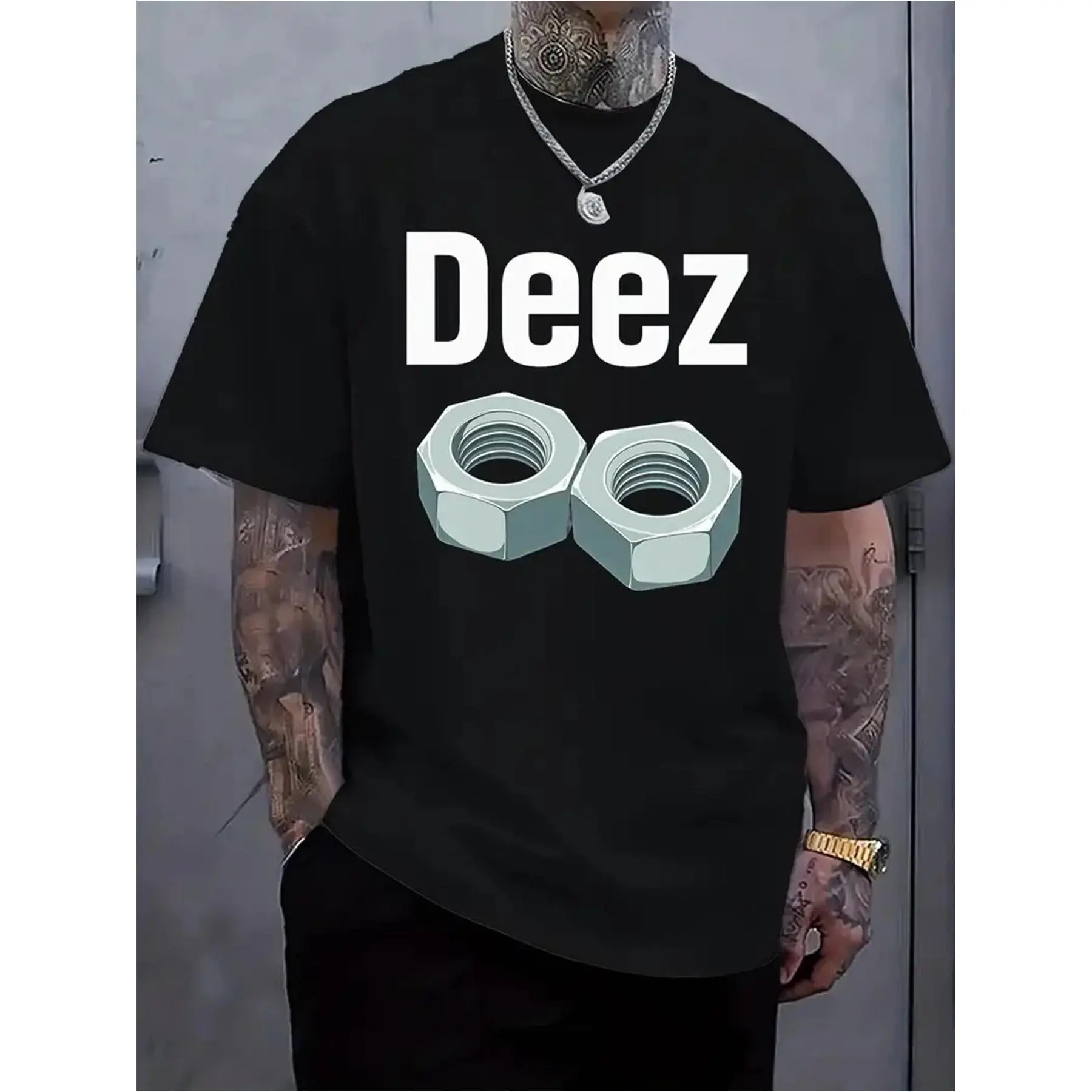 Men's Graphic T-Shirt, 'Deez Nuts' Funny Print Streetwear Top in Thick Breathable Cotton, Relaxed Fit Short Sleeve Round Neck