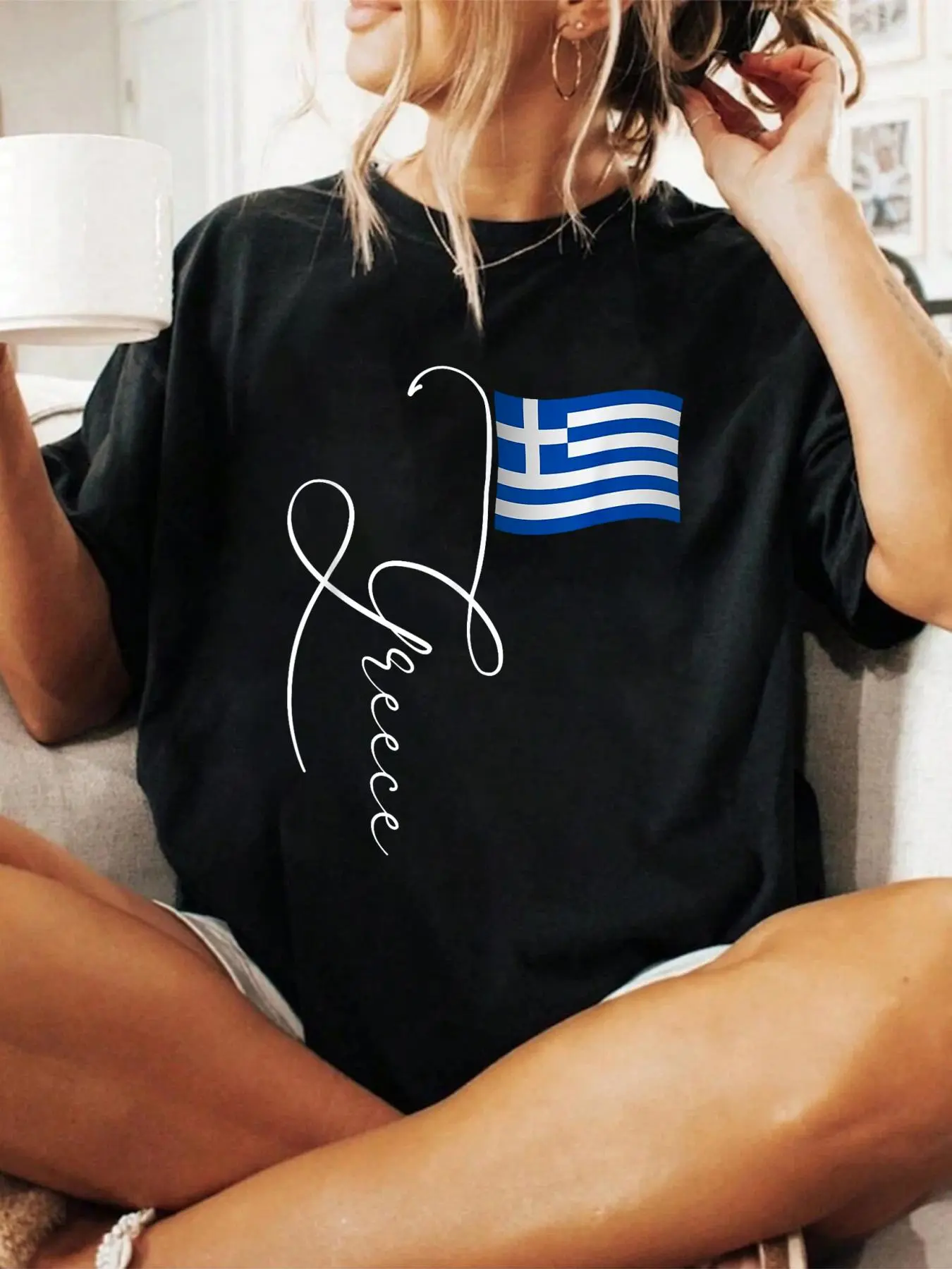 Greece Signature Flag Pole T-Shirt - Unisex-Adults & Kids, Black, Short Sleeve, Classic Fit, Crew Neck, Retro Greek Flag Design Print T-Shirt Casual Crew Neck Short Sleeve Comfort Tee Top For Spring & Summer Women's Clothing