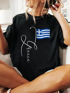 Greece Signature Flag Pole T-Shirt - Unisex-Adults & Kids, Black, Short Sleeve, Classic Fit, Crew Neck, Retro Greek Flag Design Print T-Shirt Casual Crew Neck Short Sleeve Comfort Tee Top For Spring & Summer Women's Clothing