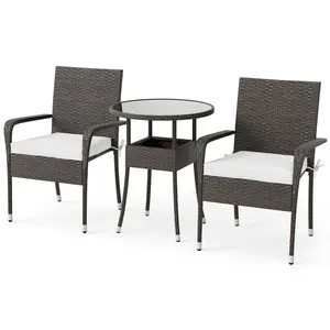 COSTWAY - 3-Piece Patio Furniture Set PE Rattan Wicker Chairs with Tempered Glass Top Table-White
