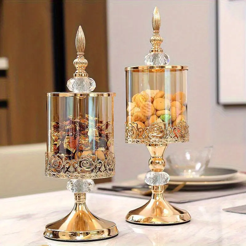 2pcs high crystal glass storage jar/candy jar with lid, uniquely designed candy and nut storage decorations, including one large and one small, suitable for holiday celebrations, Glass kitchen canisters, Glass Storage Containers