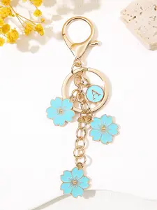 Stylish Initial Keychain, Dripping Blue Flower Charm, Elegant Letter Key Ring for Women & Students, Perfect Accessory for Handbags & Backpacks
