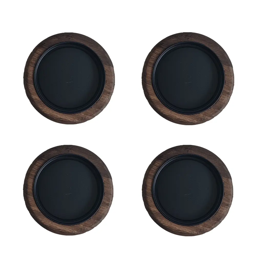 4-Piece Durable Wooden & Black Iron Round Pillar Tealight Candle Plates - Compact Universal Retro-Industrial Minimalist Home Decor Candle Holders for Living Room, Kitchen, Wardrobe, Daily Use, Gift-Worthy Tabletop Accents, Bathroom