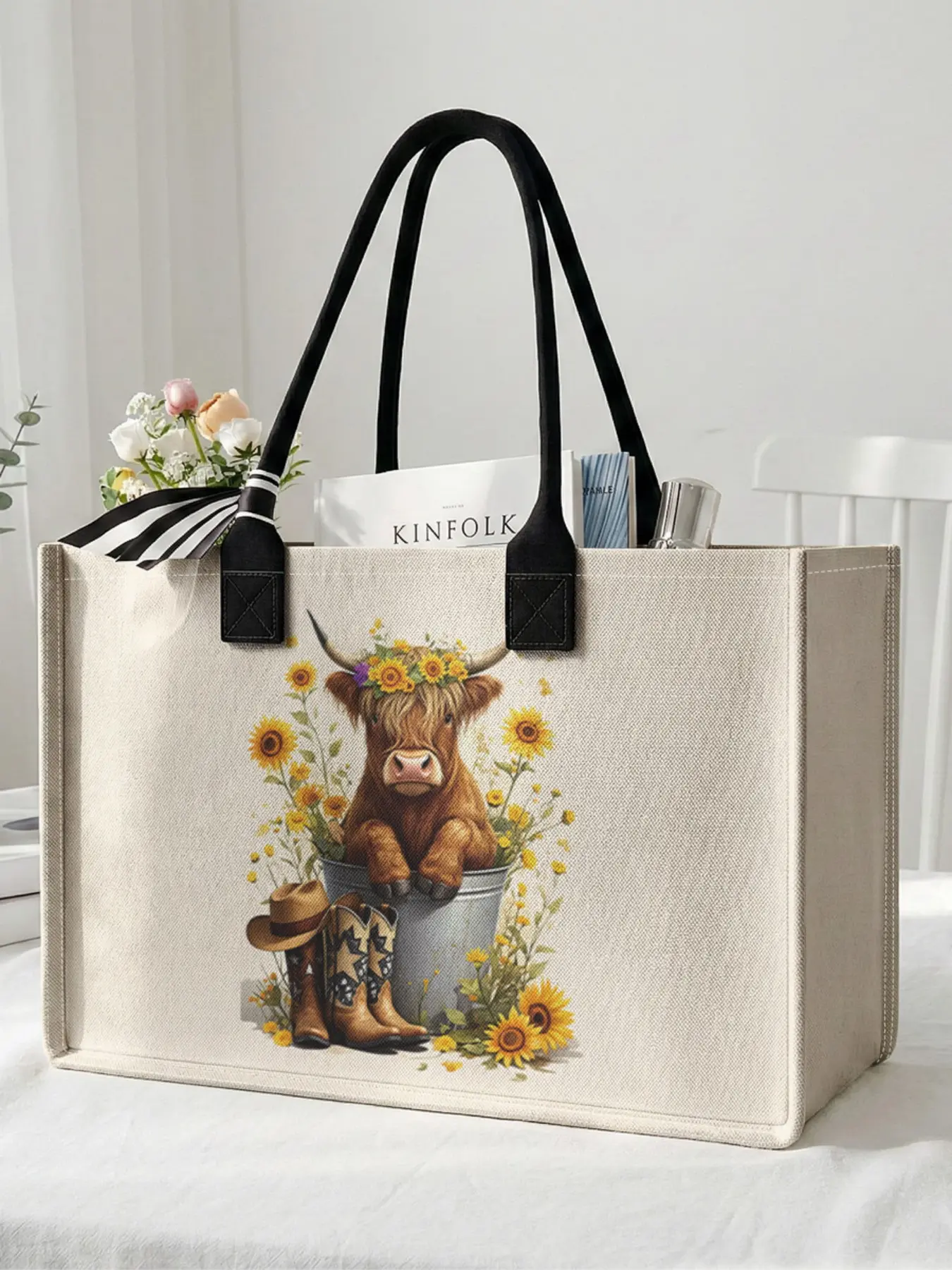 1 Cow Pattern with Floral Decoration 2D Printed Large Capacity Storage Bag, Sturdy Handle, Space-Saving Multi-Purpose, Suitable for School, Business Trips, Shopping, Tote Bag, Casual Shopping Bag, Reusable Bags