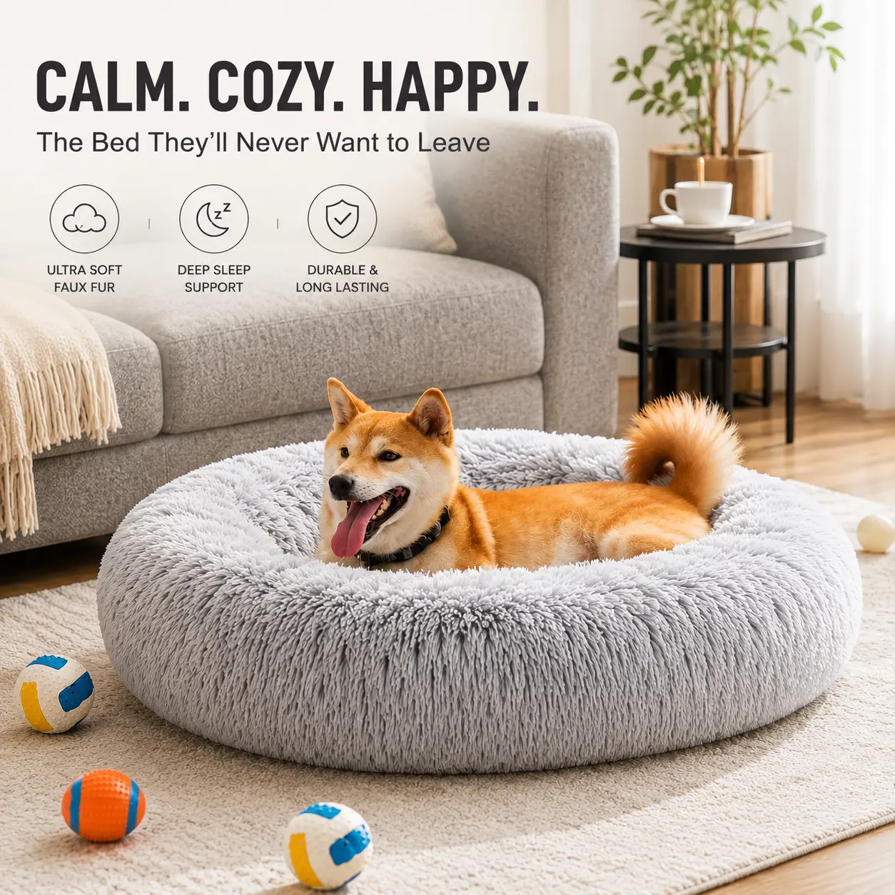Dog Bed, Washable Comfortable Pet Bed for Medium to Large Dogs, Anti-Slip Round Fluffy Plush Faux Fur Dog Bed for Sleeping, Indoor Puppy Bed