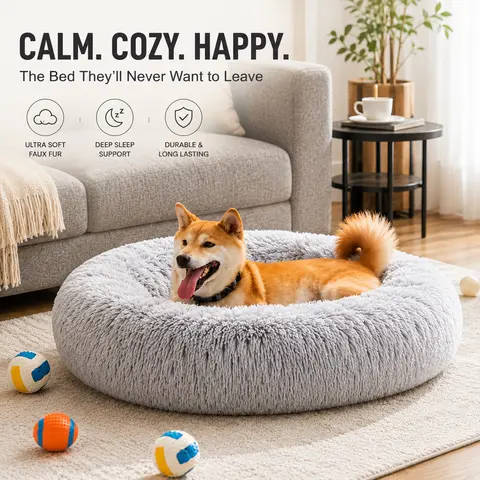 Sweetcrispy High-Quality Modern Faux Fur Dog Bed - Soft, Fluffy, Washable, Anti-Slip Round Resting Spot with High-Quality Materials, Chew Resistant for Medium-Large Dogs & All Ages Indoor Puppies, Puppy Bed