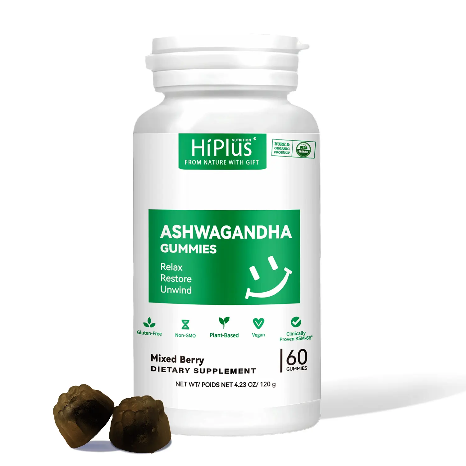 HiPlus Ashwagandha Gummies & Vitamin D Gummies | KSM-66, Non-GMO, Sugar Free & Gluten Free | for Men & Women | 60 Count | Aswangdha Supplement